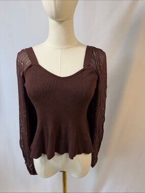 Brown Ribbed Peplum Sweater with Sheer Metallic Long Sleeves